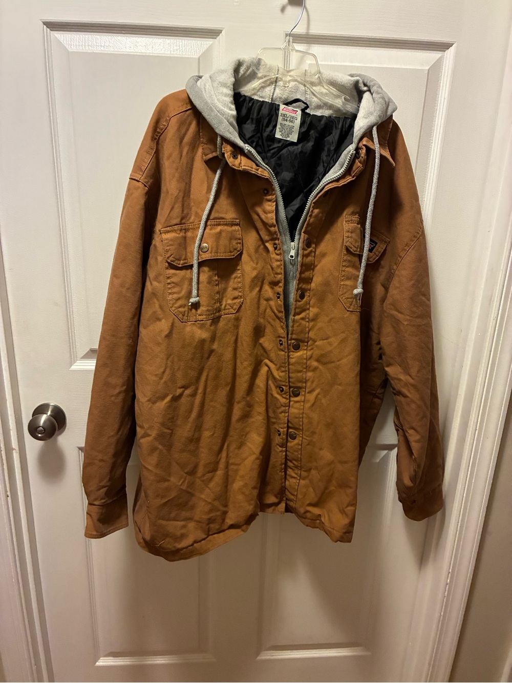 Dickies Men's Hooded Work Jacket in Brown w/drawstring, zippers and snaps